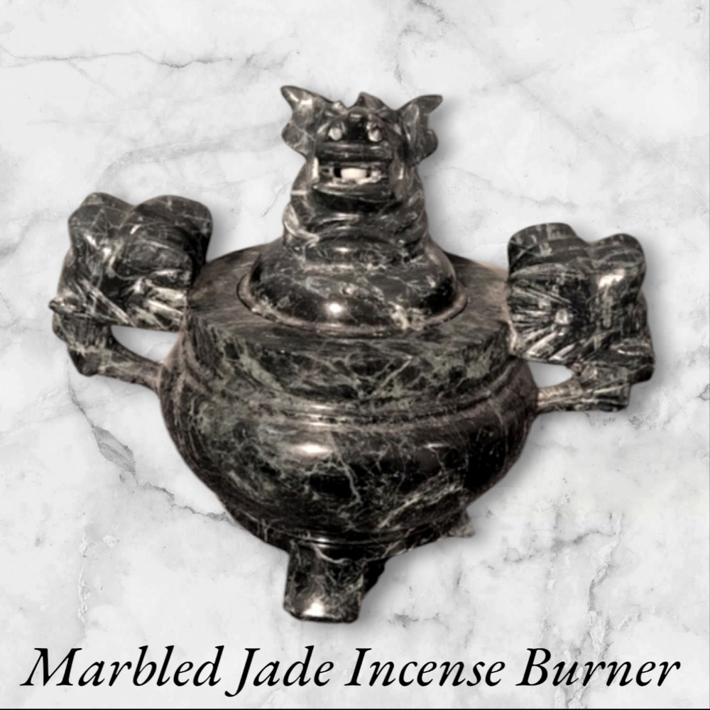 GENUINE MARBLED JADE Hardstone Lidded Dragon & Elephant Carved Incense Burner🔥